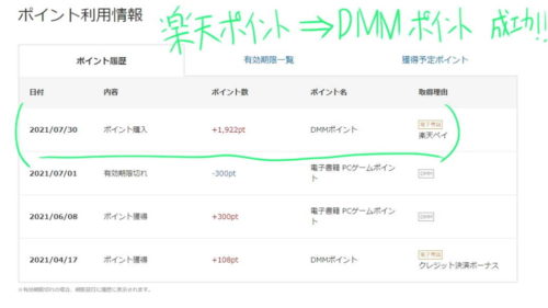 DMMポイント,チャージ,期間限定楽天ポイント 楽天ペイ DMMブックス DMMポイントを楽天ポイントを使ってチャージしたところ(楽天ポイントをDMMポイントに)