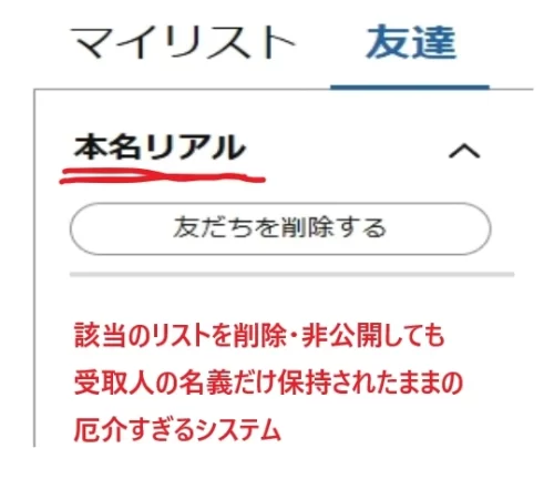ほしい物リストを削除しても受取人の名義はシステムに残り続ける