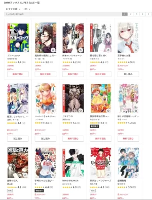 DMMブックススーパーセール対象作品を1円から88円の価格帯で一覧にしたページのスクリーンショット。作品の表紙（サムネイル）・価格・還元率が表記されている