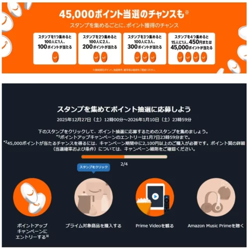 Amazon初売りスマイルSALE2026、Amazonスタンプラリーの概要。クリアするスタンプは「ポイントアップキャンペーンにエントリーする」「プライム対象商品を購入する」「Prime Videoを観る」「Amazon Music Primeを聴く」の4つ