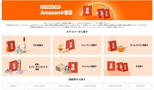 Amazon初売りの福袋のカテゴリわけしたページ。カテゴリは、グルメ、ビューティ、ホーム・キッチン、家電エンターテイメント、ファッション、その他に分かれている