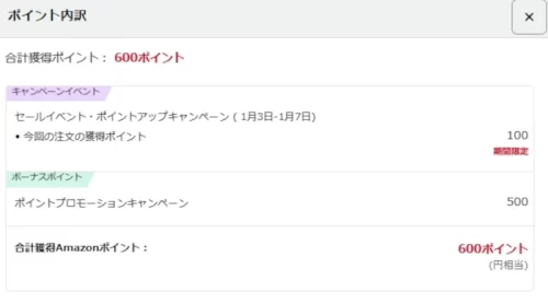 Apple Gift Cardをレジに持っていったところ。還元ポイントの内訳が表示されている。還元ポイント500pt